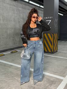 Selenza 女士水钻装饰宽松休闲阔腿牛仔裤 - 中等水洗藍 - 查看 7