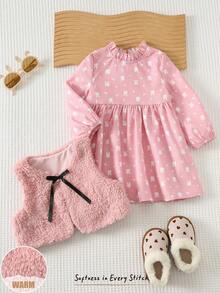 Cozy Pixies 2 Stücke Baby Mädchen Set mit Schleife Dekor Fleeceweste & Polka Punkt Langarm Taille Raffung Kleid, warm & dick, geeignet für den Winter - Pink - Übersicht 1