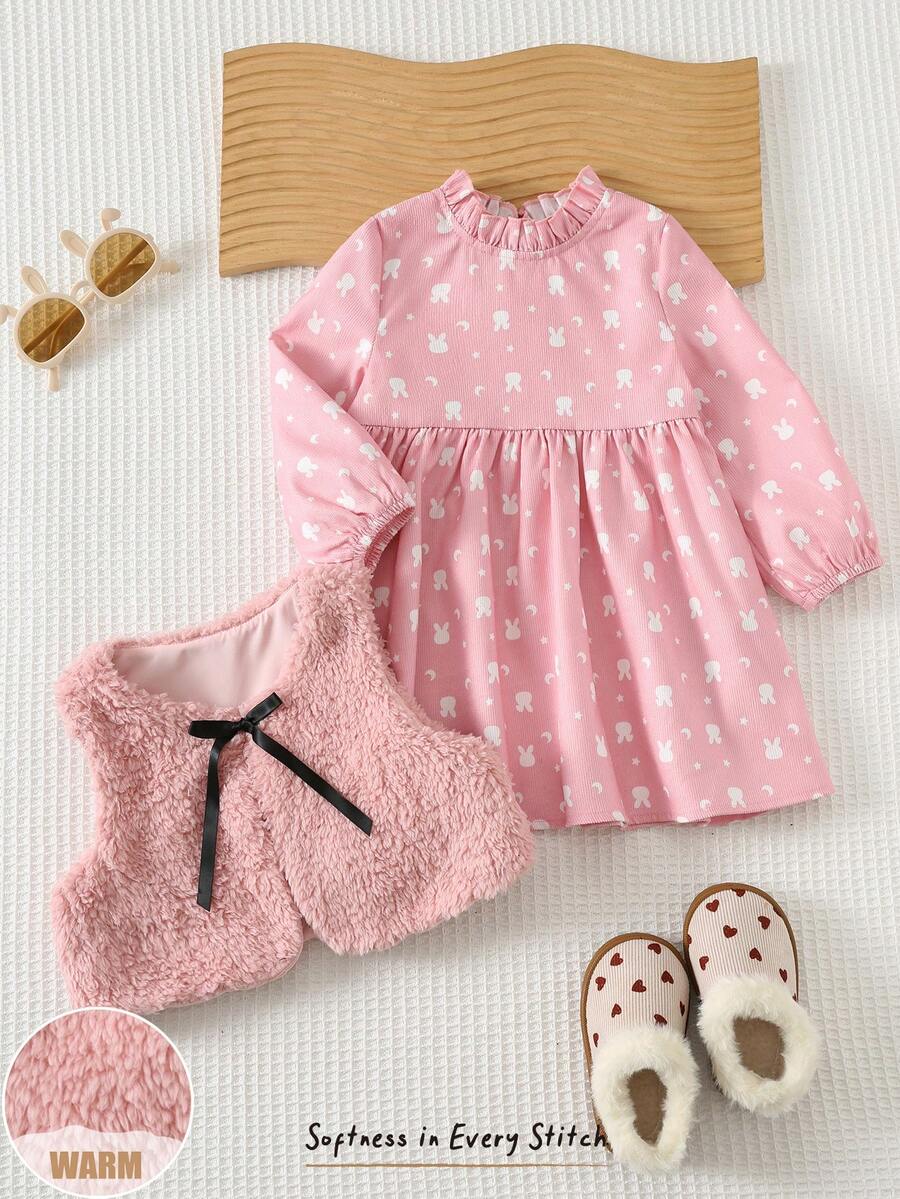 Cozy Pixies 2 Stücke Baby Mädchen Set mit Schleife Dekor Fleeceweste & Polka Punkt Langarm Taille Raffung Kleid, warm & dick, geeignet für den Winter - Pink - Übersicht 1