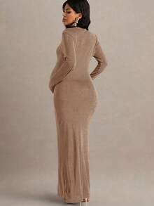 MaterniChic Maternity Solid Beige Long Sleeve Hollow Out Fitted Elegant Dress For Pregnant Women,Autumn Evening Pregnancy Dress For Photoshoot - Khaki - View 2