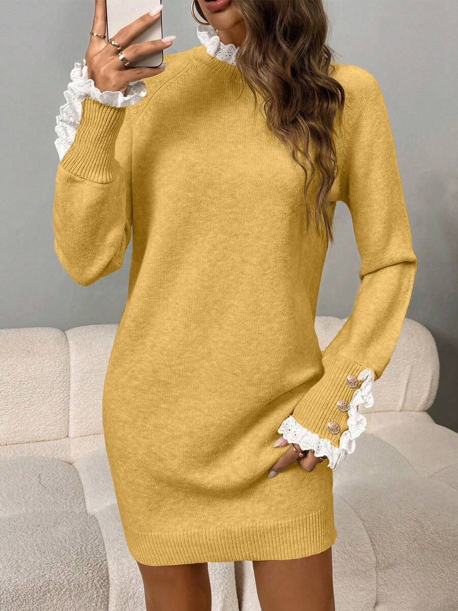 SHEIN LUNE Women's Casual Lace Collar Raglan Sleeve Knitted Dress, Autumn/Winter - Light Yellow - View 1
