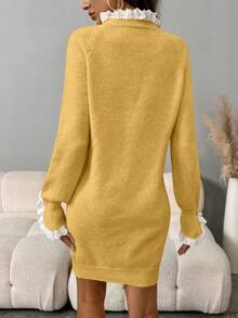 SHEIN LUNE Women's Casual Lace Collar Raglan Sleeve Knitted Dress, Autumn/Winter - Light Yellow - View 2