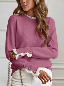 EMERY ROSE Damski luźny sweter z długim rękawem i patchworkową koronką, jesień/zima - Różowy - Zobacz 3