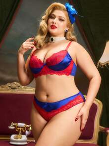 PinupPomp 2 Stück Unterwäsche-Set mit Kontrastfarben, geformter Tasse mit Bügel, gestützter Hebung, Spitze-Patchwork, umhüllend bequem, 3/4 Tasse, retro romantisch, Große Größen BH und Slip