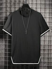 Manfinity Homme Camiseta De Manga Corta Con Dobladillo Dividido De Hombre, Con Rayas Y Detalles De Contraste - Negro - Ver 7