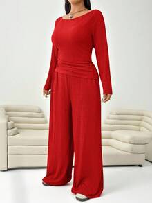 SHEIN EZwear 2件套加大码纹理红色圆领长袖上衣和裤子套装 - 紅色 - 查看 6