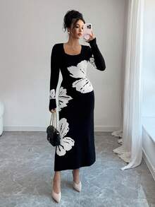 Elenzga Square Neck Jacquard Knit Bodycon Waist Sweater Dress - Black and White - View 4