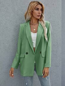 EMERY ROSE Women's Solid Color Lapel NeckLong Sleeve Double-Breasted Casual Blazer, Autumn - Green - View 5