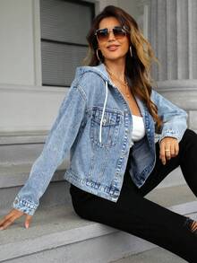 Jeanoix Áo khoác denim có mũ trùm đầu, cài nút phía trước, cỡ lớn, mùa thu - Màu xanh lam - Xem 8