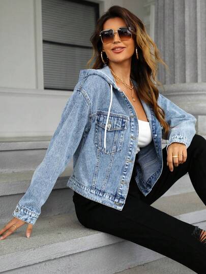 SHEIN Áo khoác denim dáng rộng tay dài vai rớt có mũ dây rút, thời trang thường ngày, đa năng