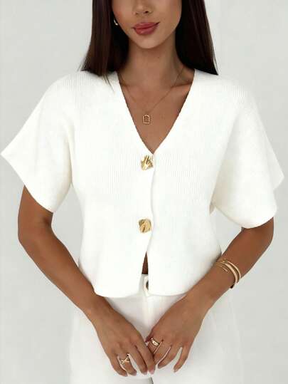 Aloruh Women's Casual Thin Cardigan With Single-Breasted Metal Buttons, Short Sleeve, Suitable For Autumn