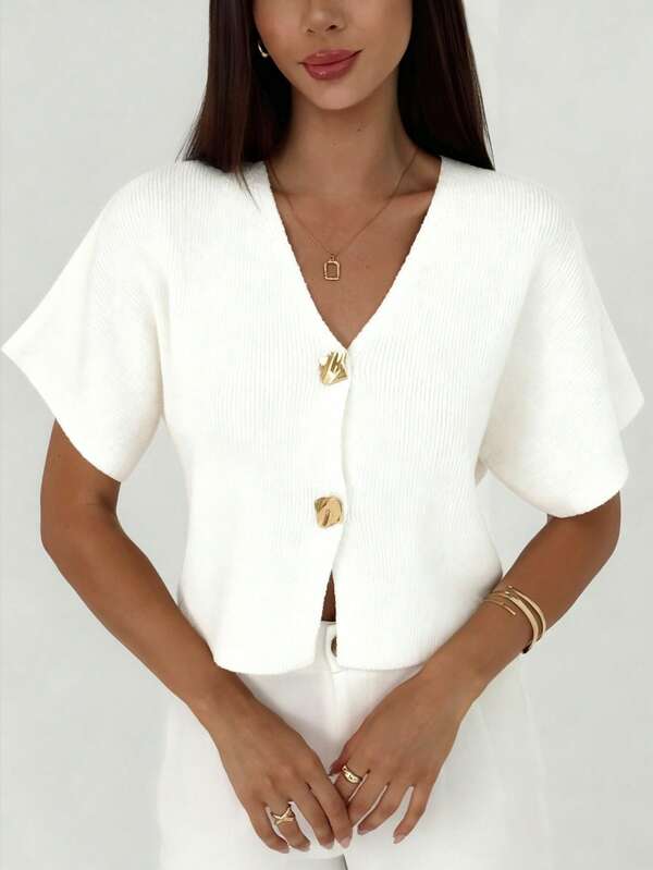 Aloruh Women's Casual Thin Cardigan With Single-Breasted Metal Buttons, Short Sleeve, Suitable For Autumn