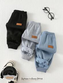 Cozy Pixies Conjunto de 3 pantalones para bebé niño con cintura elástica decorada y puños, forrados térmicamente, adecuados para salidas de invierno, uso en interiores, Navidad, Año Nuevo y uso diario