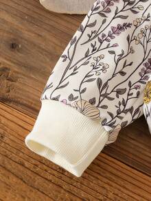 SHEIN Genkimix Kids 2pcs/Set Young Girls Floral Print Ruffle Sleeve Crew Neck Sweatshirt And Flared Pants Set, Spring/Autumn - Apricot - View 3