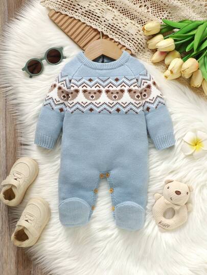 Infant Blue Footed Jumpsuit, Newborn Bear Fair Isle Knit Jacquard Romper With Round Neck Long Sleeve Baby Blue Knitted Outfit For Baby Winter Baby Clothes Boy Warm Jumpsuit For Baby Boy Baby Knit Jumpsuit Baby Sweater Romper