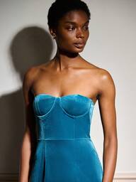 lacRébo Abito midi aderente in velluto blu con dettaglio bustier, elegante per feste, autunno e inverno