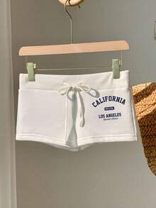 Comfortcana Casual Street Style Everyday Versatile Sports College White English Letter Retro Graphic Print Drawstring Slim Fit Shorts, Comfortable For Spring & Autumn