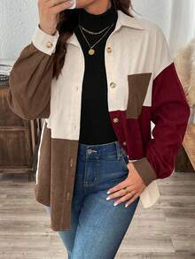 SHEIN LUNE Plus Size Women Corduroy Patchwork Dropped Shoulder Long Sleeve Single-Breasted Loose Shirt - Multicolor - View 3