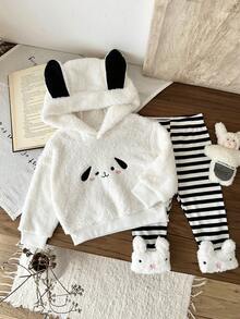 SHEIN 2 件套女婴卡通动物狗刺绣连帽毛绒运动衫和黑白条纹毛绒狗图案裤子套装，适合秋冬户外的可爱休闲装 - 黑與白 - 查看 4
