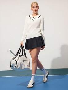 CourtClass Regular Fit Contrast Trim Sporty Long Sleeve Polo Sweater For Women Tennis Top - White - View 5