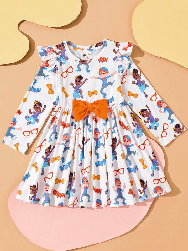 Blippi X SHEIN Vestido de punto con cuello redondo y decoración de lazo 3D con gráfico de dibujos animados para niña