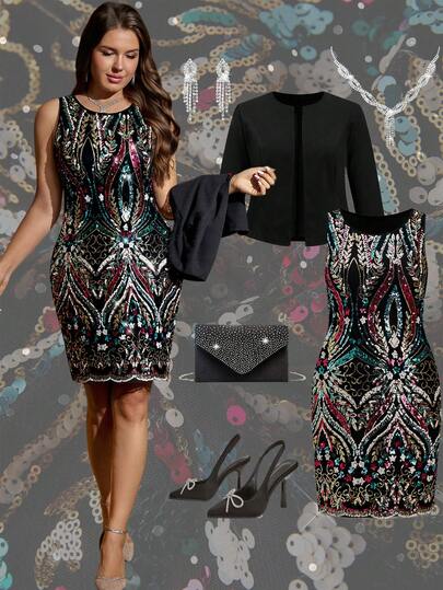 Ellevyn Curvy Plus Size Elegant Two-Piece Suit: Black 7/4 Sleeve Jacket + Round Neck Sleeveless Shiny Sequin Embroidered Waist Hip-Length Dress,Fall Clothes For Women,Winter Clothes For Women,Fall Clothes Plus Size ,Winter Clothes,Autumn, Winter Outfit For Women,Night Out,Going Out Outfit , Old Money Style Women,Suitable For Multiple Occasions,Halloween, Homecoming,Christmas,Business Casual Woman,Business Casual Outfits Women,Business Casual Woman Curve, Teacher Clothing, Business Commuting,Christmas,Christmas,Fall Dresses For Women,Winter Dresses For Women ,Fall Wedding Guest Dress,Autumn Dress, Homecoming Dress ,Hoco Dressses, Date Night Outfits Women,Going Out Dress, Date Night Outfit,Wedding Guest Dress Women,Mother Of The Bride Dresses For Wedding, Formal Dresses For Wedding Guest,Dresses For Wedding Event , Fall Wedding Guest Dress,Wedding Guest Dress Elegant,Wrap Dress
