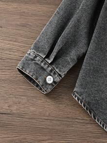 SHEIN Genkimix Kids 小男孩牛仔衬衫，带口袋，字母印花和标志，休闲时尚街头服饰，酷炫返校风 - 黑色 - 查看 5