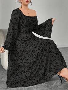 Modelyn Vestido de manga larga ajustado con hombros descubiertos asimétricos y estampado floral para mujer de talla grande - Negro - Ver 8