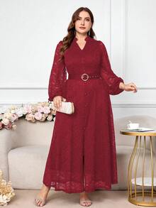 Modelyn 大码女式优雅V领灯笼袖蕾丝修身腰连衣裙 - 紅色 - 查看 3