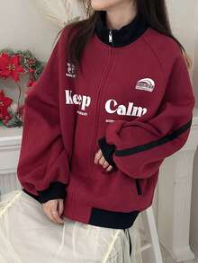 FRIFUL Women's Casual Loose Fit Thermal Lined Letter Graphic Print Pullover Sweatshirt, Street Style - Red - View 5