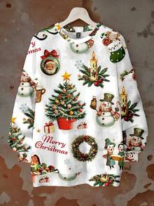 SHEIN LUNE Sudadera holgada de cuello redondo de manga larga con estampado de elementos navideños para mujer talla grande, otoño/invierno