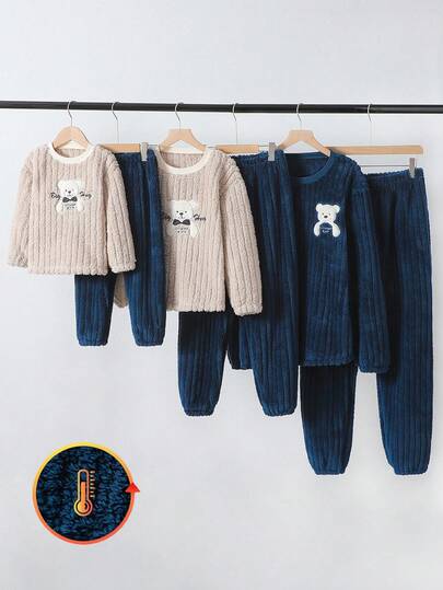 1 Set Merry Christmas Men's Pajamas, Navy Blue, Soft Ribbed Striped Fabric, Comfortable & Warm, Crew Neck Long Sleeve With Elastic Cuffs, Cute Teddy Bear Embroidery On Left Side, Soft Fleece Pants, Suitable For Winter Wear At Home Or Outdoors, Provides Warm And Comfortable Fit, Machine Washable, Family Matching Outfits (3 Sets Sold Separately)