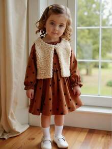 SHEIN Vintaside Kids 2 pièces/Set Veste sans manches style campagnard pour tout-petits filles + Robe à manches bouffantes en velours côtelé, Tenue décontractée mignonne pour tous les jours, Épaisse et chaude, Design minimaliste et élégant, Automne/Hiver - Tabac - Voir 4
