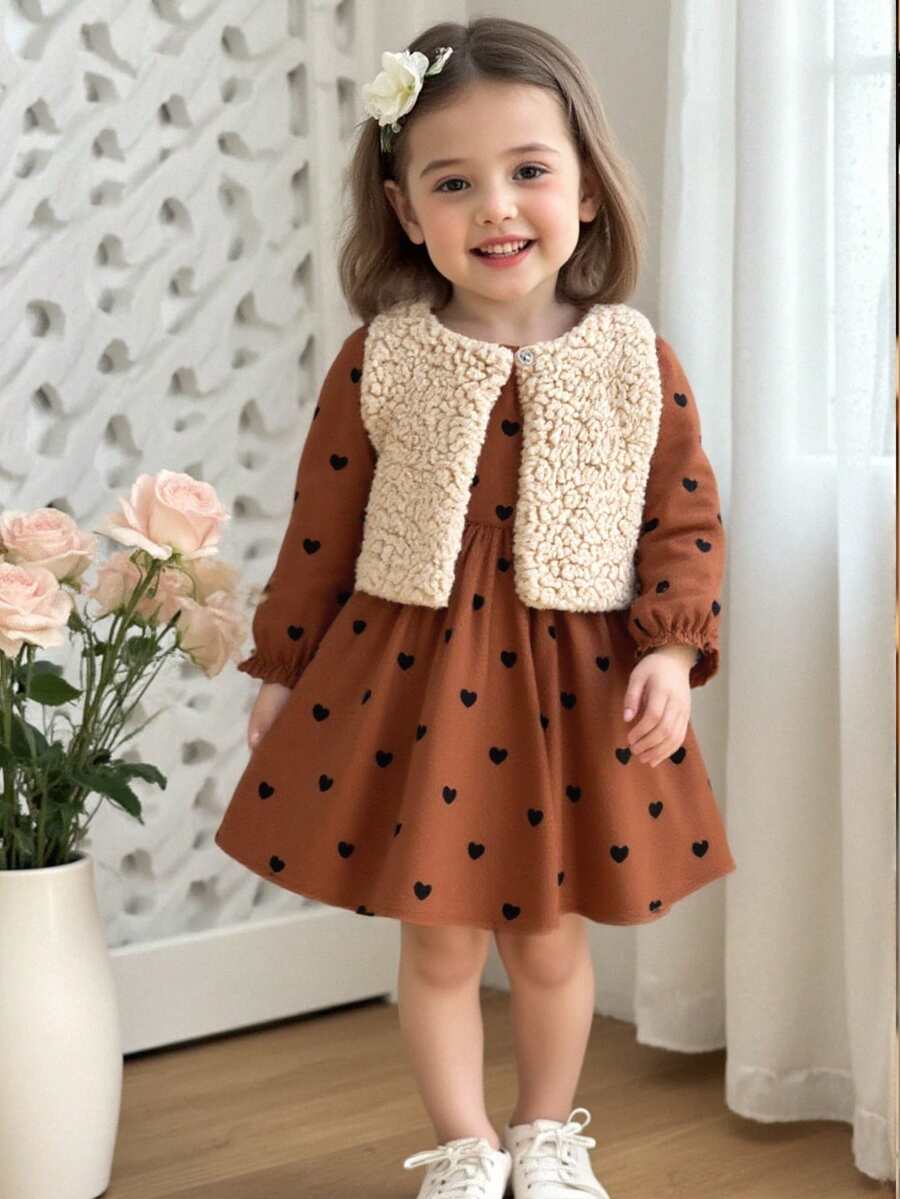 SHEIN Vintaside Kids 2 pièces/Set Veste sans manches style campagnard pour tout-petits filles + Robe à manches bouffantes en velours côtelé, Tenue décontractée mignonne pour tous les jours, Épaisse et chaude, Design minimaliste et élégant, Automne/Hiver - Tabac - Voir 1