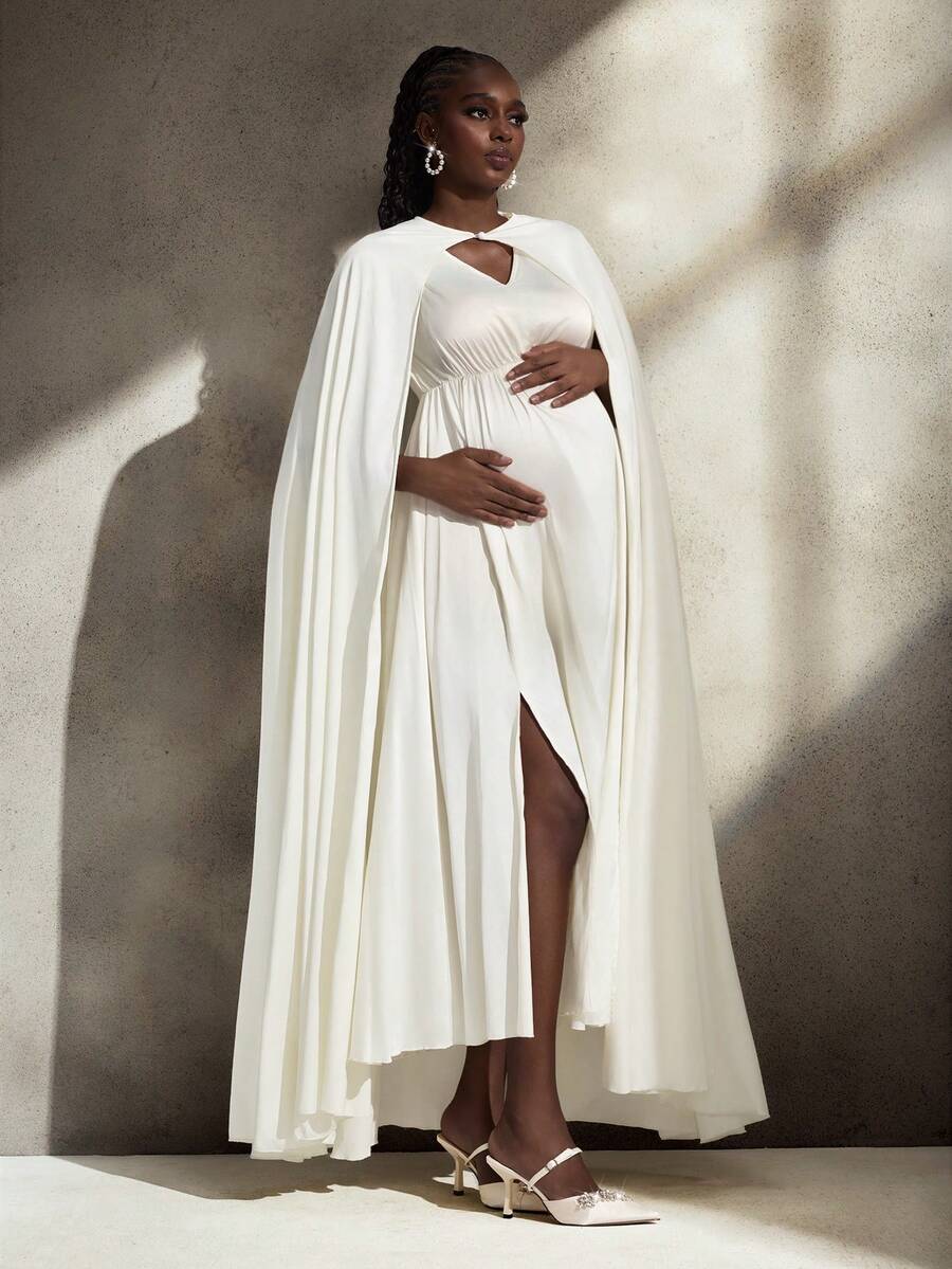 Cheriluna Maternity Maternity Elegant Cape Dress Photoshoot Outfit Set - Apricot - View 1