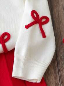 SHEIN Ensemble casual pour jeune fille avec pull à col rond à manches longues avec décor papillon et jupe plissée en tricot, automne/hiver - Blanc - Voir 4