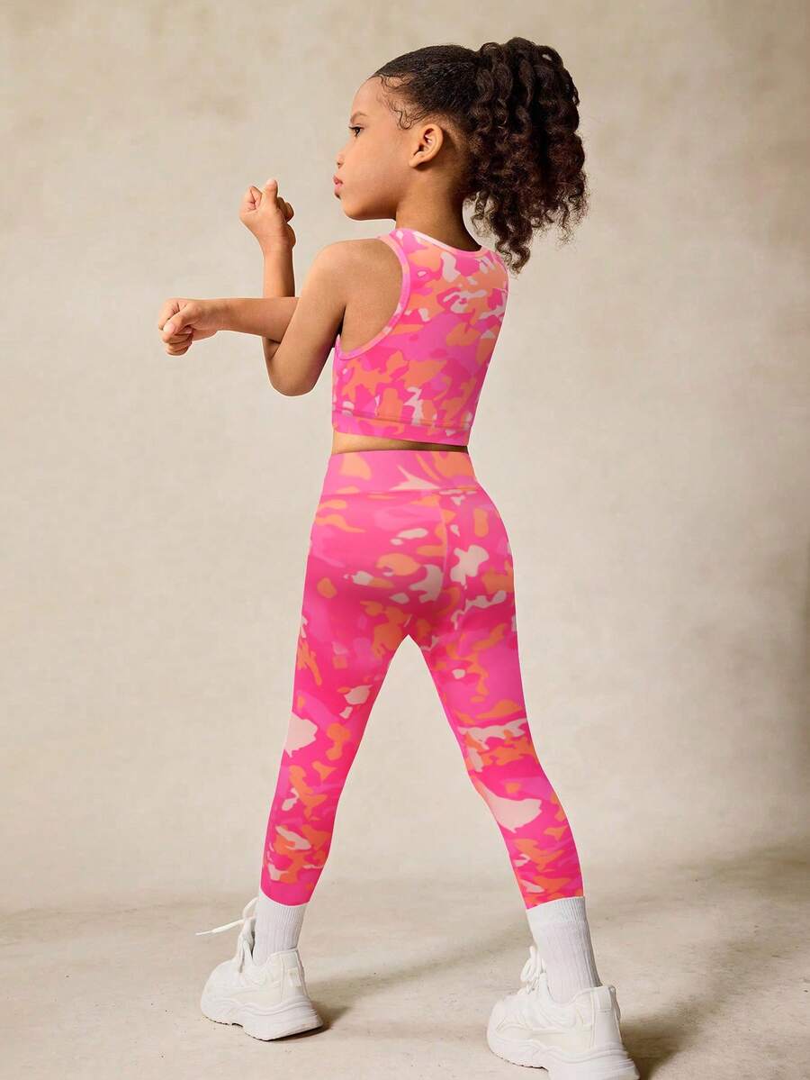SHEIN Bộ 2 áo yếm và quần legging in họa tiết nhuộm loang cho bé gái, bộ đồ tập yoga, trở lại trường - Nhiều màu - Xem 1