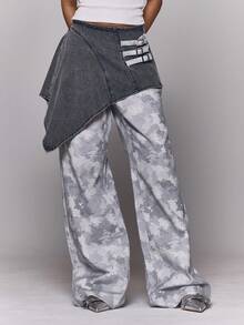 MUSERA 迷彩印花不对称半身裙搭配叠穿阔腿裤，秋冬日常外出休闲酷炫街头风，水洗效果，春夏百搭 - 淺灰色 - 查看 2