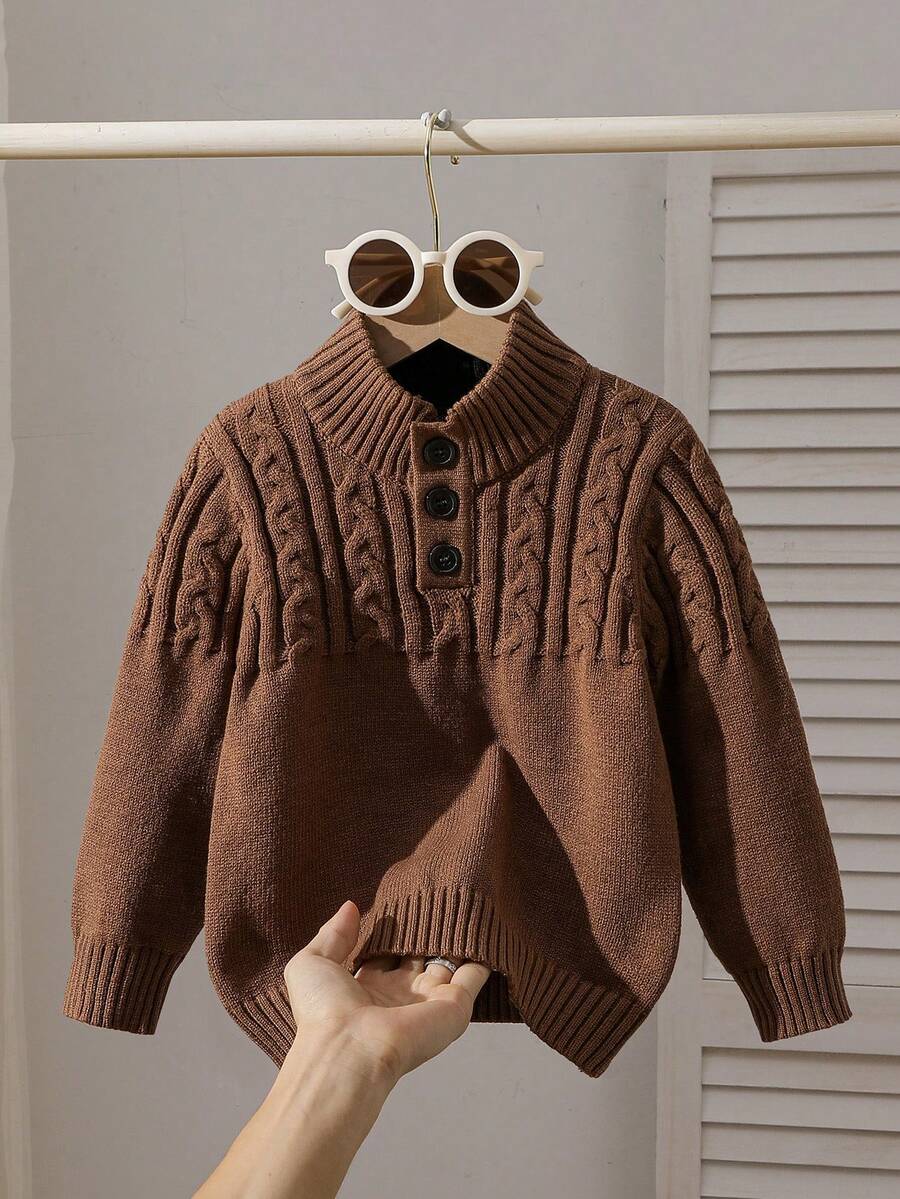 SHEIN Young Boy Button Half-Placket Long Sleeve Casual Pullover Sweater, Autumn/Winter Brown Sweater For Boy Sweaters With Buttons Brown Sweater For Kids Cotton Winter Sweaters For Kids Kids Knitwear - Khaki - View 1