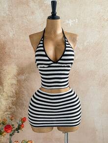 Soleia Women's 2 Pieces Floral Print Halter Top And Mini Skirt Set, Suitable For Beach/Vacation Black And White Stripe Casual Chic Women's Set Fall Clothes For Women