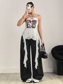 SHEIN Tall Tall Waist Patchwork Embroidered Washed Denim Wide Leg Pants - Black - View 6