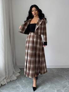 Selianne Bộ vest thời trang công sở vải tuýt kẻ caro xếp ly thanh lịch dành cho nữ, Thu/Đông - Cà phê nâu - Xem 3