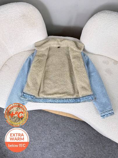 SHEIN Teen Girls Fashion Casual Y2k Vintage Cool Street Returns To School College Light Blue Denim Jacket With Warm Fleece Lapel Long-Sleeved Short Jacket For For Teen Girl Clothes Teen Girls Soft Dailywear And Teen Girl Winter And Fall Rave Outfits Festival And Outfits Streetwear Clothes