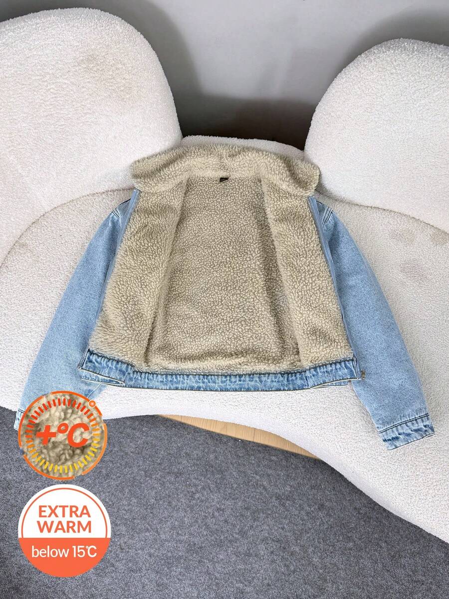 SHEIN 少女时尚休闲 Y2K 复古酷炫街头返校学院风浅蓝色牛仔夹克,内衬保暖抓绒,翻领长袖短款外套,适合日常穿着,秋冬季节参加锐舞派对和街头服饰。 - 藍色 - 查看 1