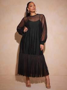 SHEIN CURVE+ Plus Size Casual Elegant Commuter Sleeveless Button Round Neck Waist A-Line Dress - Beige - View 5