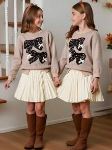 SHEIN Tween 女童毛衣套装，全新秋冬系列，卡其色和棕色，蝴蝶结和豹纹图案，Y2K 风格百褶裙套装，宽松廓形和百搭短裙，舒适优质面料，适合女孩参加各种场合 - 彩色 - 查看 9