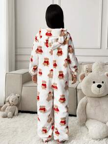 SHEIN Tween Girls' Loose Casual Comfortable Plush Cartoon Pattern Jumpsuit, Autumn/Winter - Multicolor - View 2