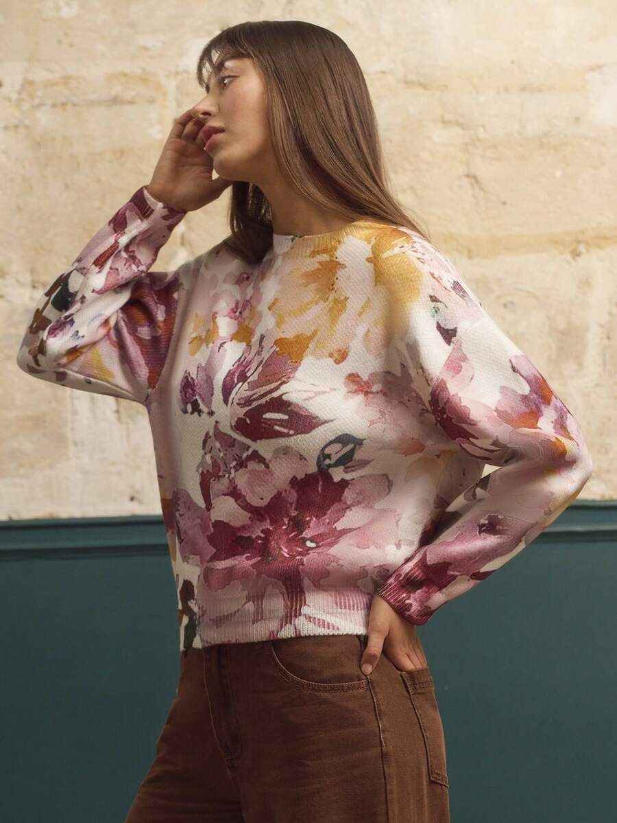 lacRébo Pull à motif floral tout-sur-tout, style français décontracté, style parisien - Multicolore - Voir 1