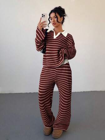 Siren Gaze Women's 2pcs Set Loose Striped V-Neck Drop Shoulder Long Sleeve T-Shirt &Elastic Waist Striped Pants, Winter Sweater Suit ,Autumn/Winter Christmas Red New Year