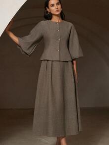 Zanirela 女士人字纹时尚通勤奢华单排扣夹克和优雅 A 字裙套装 - 彩色 - 查看 4